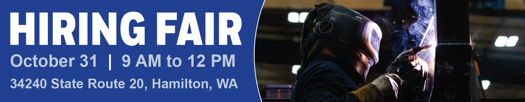 Hiring Fair promotion. Text reads Hiring Fair, October 31 9 AM to 12 PM. Hamilton, WA.