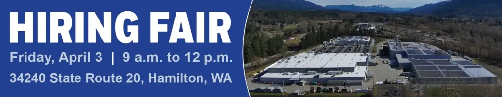 A graphic showing buildings and with text saying Hiring Fair, Friday April 3, 9 a.m. to 12 p.m., 34240 St. Rt. 20, Hamilton, Washington