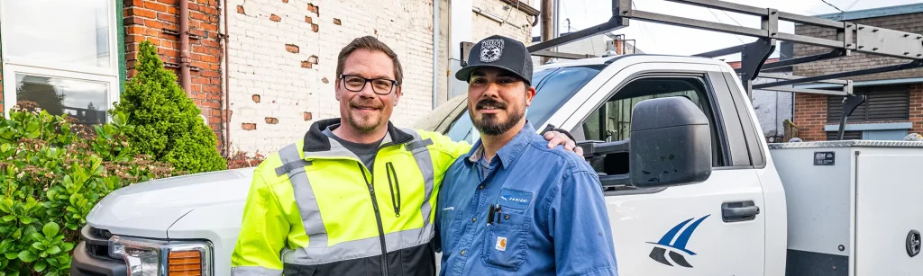 Dustin and Joe pose for a photo together in front of a Janicki facilities truck